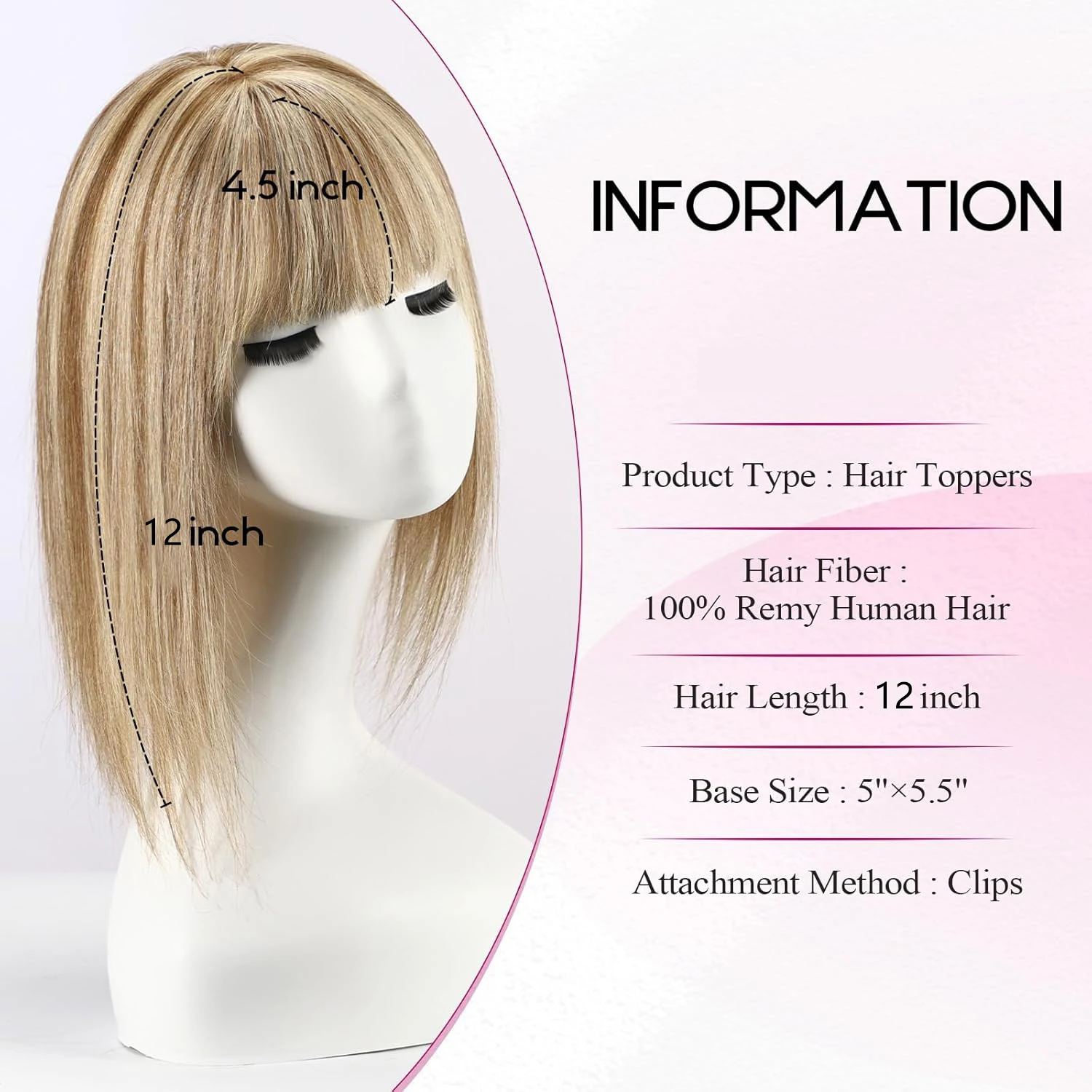 Topper de cabelo humano loiro misto marrom com franja clipe reto de seda natural em extensões de cabelo para mulheres com cabelo de desbaste 12 pol.