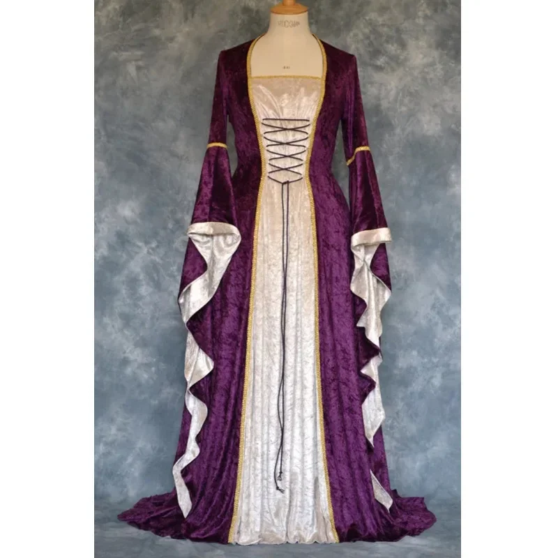 Cross-border Halloween COS Europe and the United States gold velvet belted bell sleeves retro medieval long dress