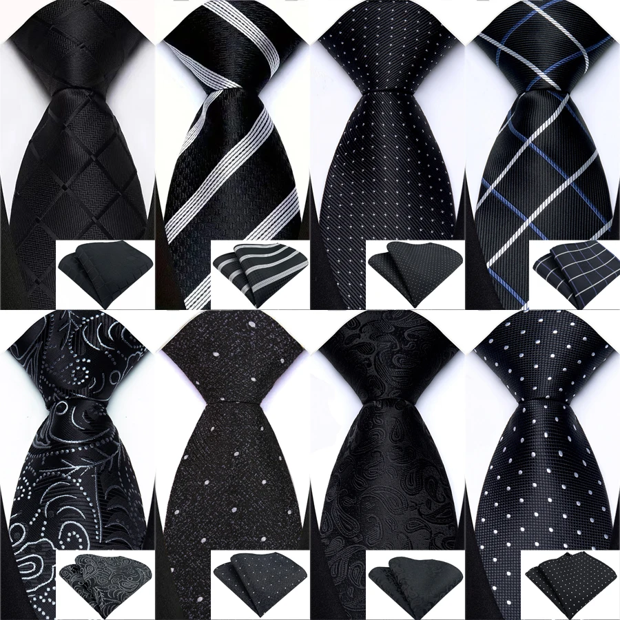 Corbatas de lujo para hombre, corbatas de Color negro, corbata de lunares a cuadros lisos, conjunto cuadrado de bolsillo, accesorios de corbata para fiesta de negocios y boda