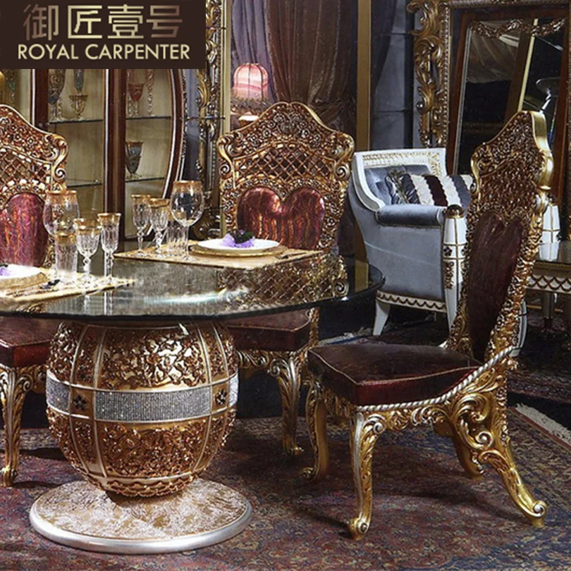 European restaurant furniture large villa pure handmade solid wood carved glass table