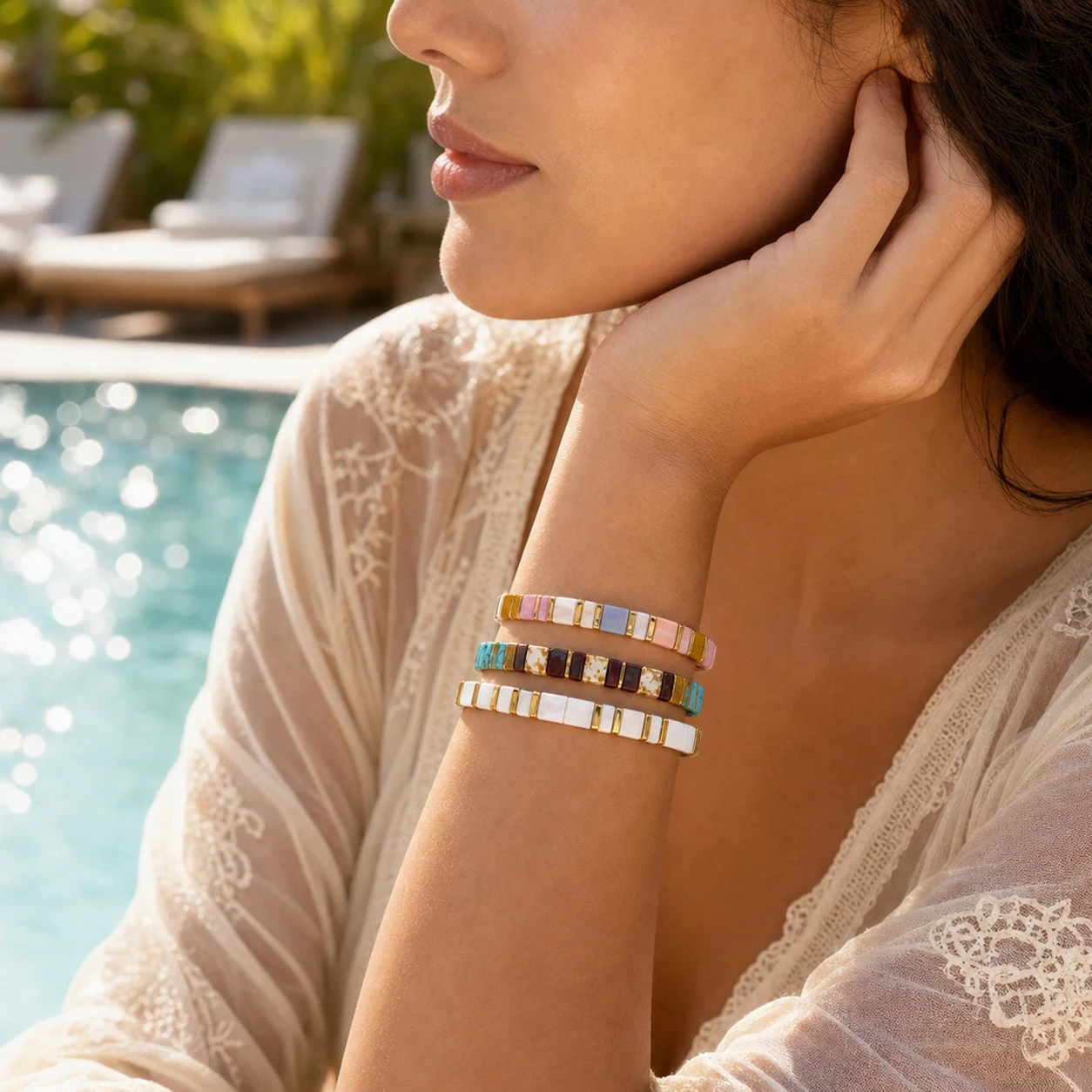 3pcs Bohemian Geometric Glass Tile Beaded Strand Bracelet for Women Color Block Stackable Fashion Wrist Jewelry