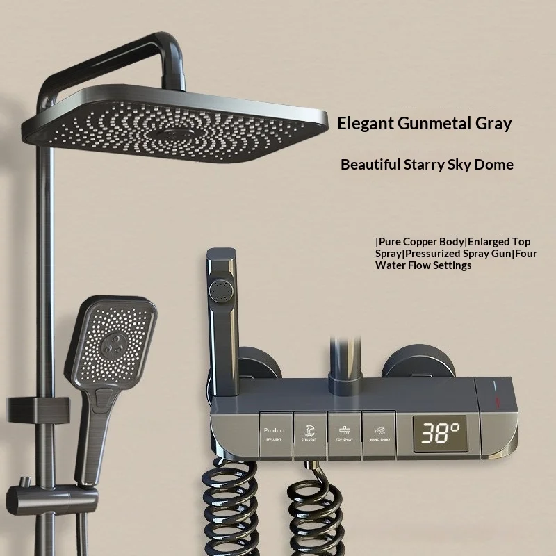 All Copper Shower System Matte Gray Thermal Boosting Shower Set for Home Spa Shower Head Bath Tub Showery Rainfall Shower Head