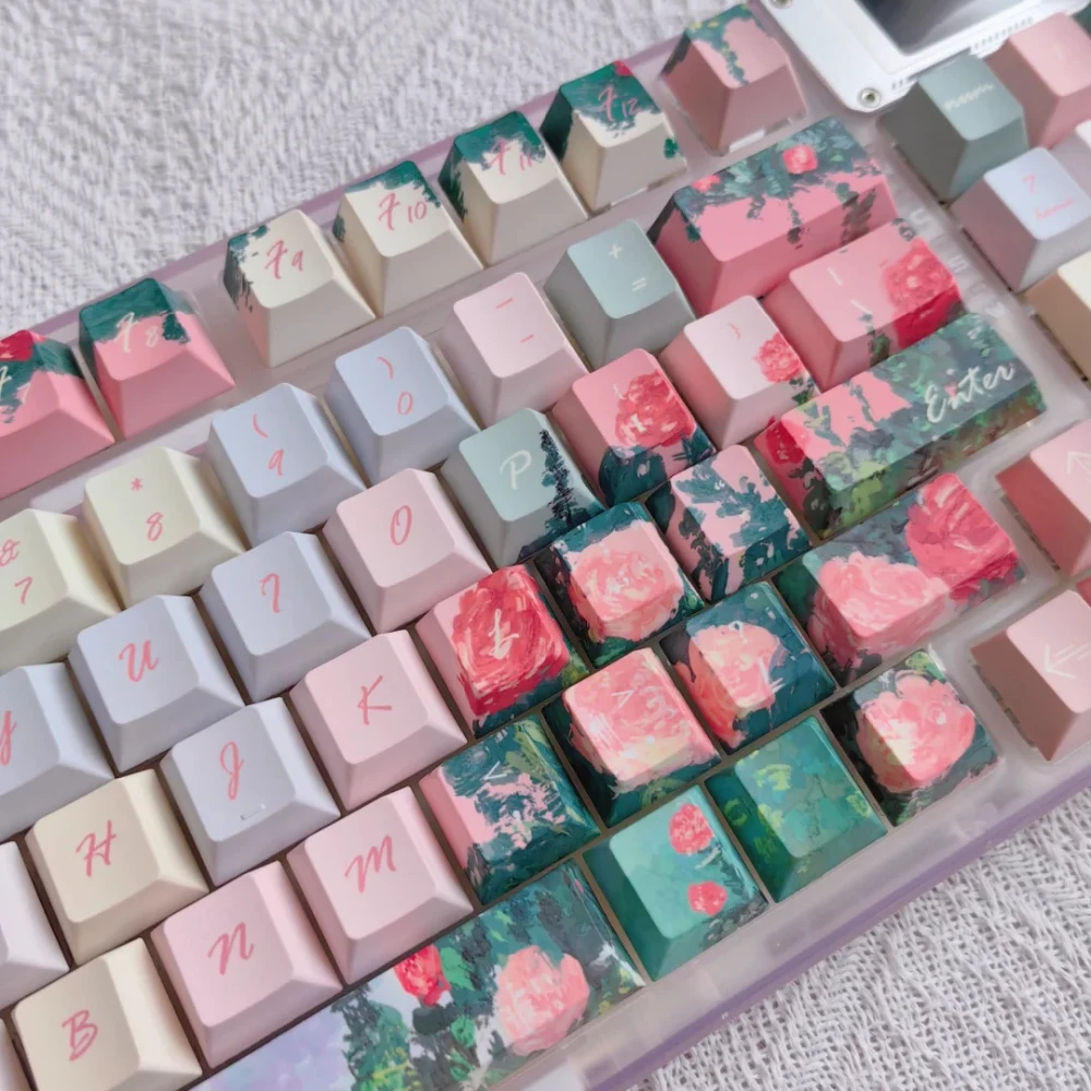 145Key Rose Garden Keycap For Keyboard Cherry Pbt Five Sided Sublimation Process Beautiful Manor Pink Flower Rose Romance Keycap