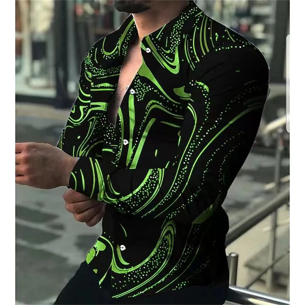 Spring and Autumn New Style Men\'s Outdoor Shopping Personality Fashion Graffiti Printing, Slim-Fit Lapel Long-Sleeved Shirt