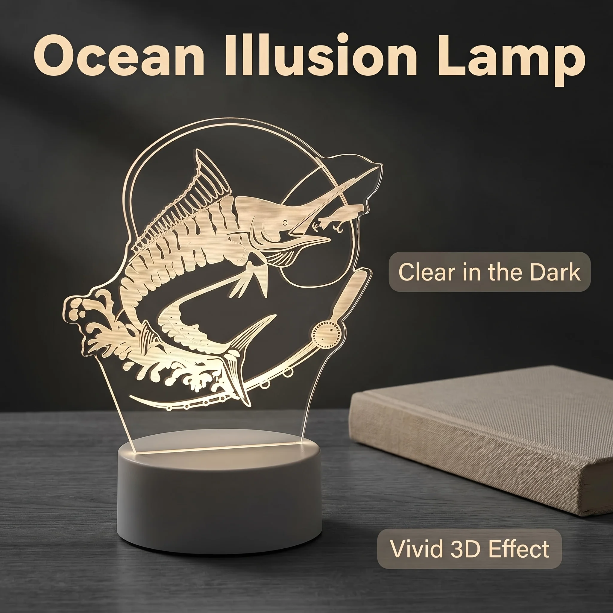 LED Acrylic Night Light – 3D Marlin & Fishing Rod Illusion Lamp; Modern LED Table Lamp for Living Room – Unique Home Gift