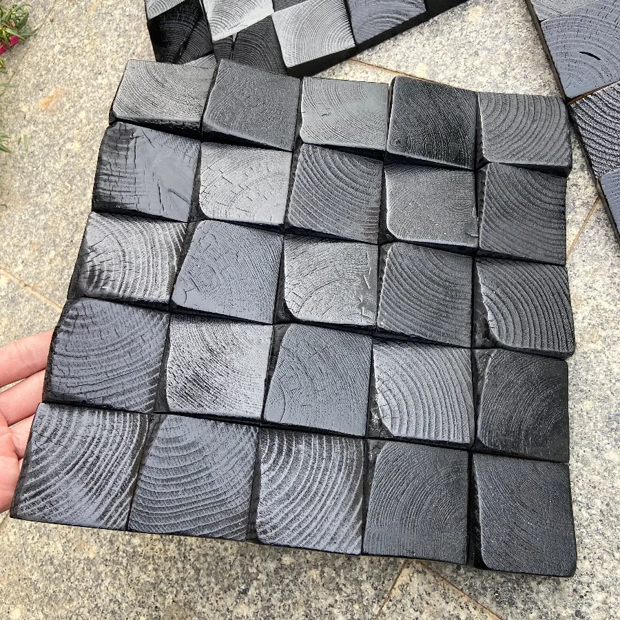 Natural Solid Wood 3D Art Wall Stickers Carbonized Black Lacquer Mosaic Tile Background Panel Wall Decor for Home Office Bedroom