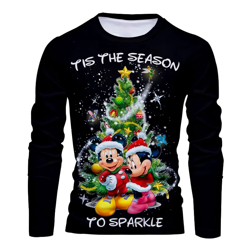 New Christmas New Disney Brand Mickey and Minnie Anime 3D Printing Fashion Casual Trend Men\'s Round Neck Long Sleeve T-Shirt