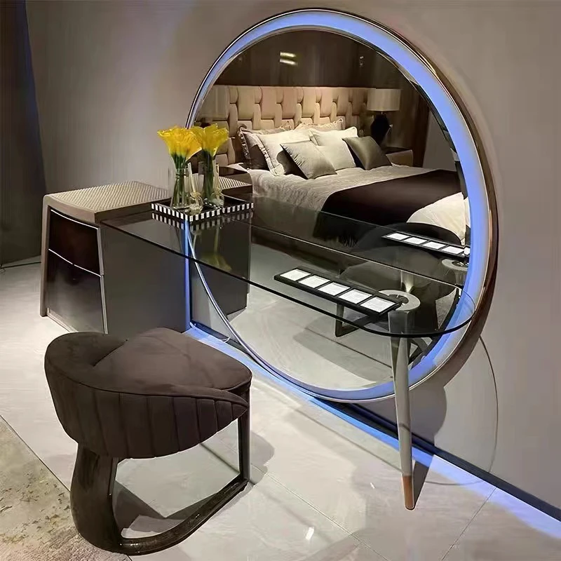 High-quality furniture, luxurious bedroom furniture, large LED mirror glass vanity table