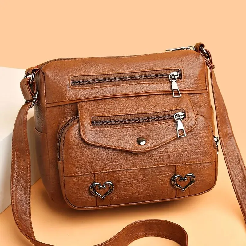 Medium Large Capacity Soft Leather Women Crossbody Bag Trendy Mom Bag Daily Match PU Material Zipper Opening Heart Element