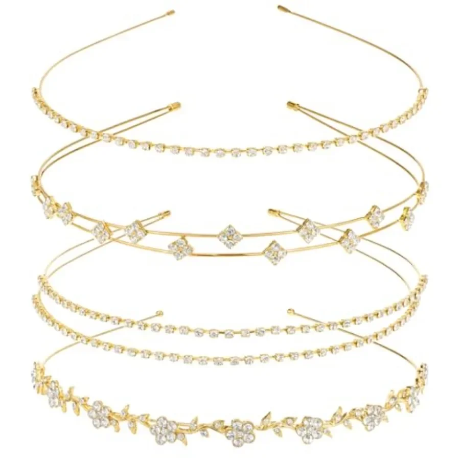 

4 Pcs Girls Gold Headband Bridal Headband Crystal Flower Prom Headpiece Flower Leaf Tiara Crown Head Band Wedding Hair Accessor