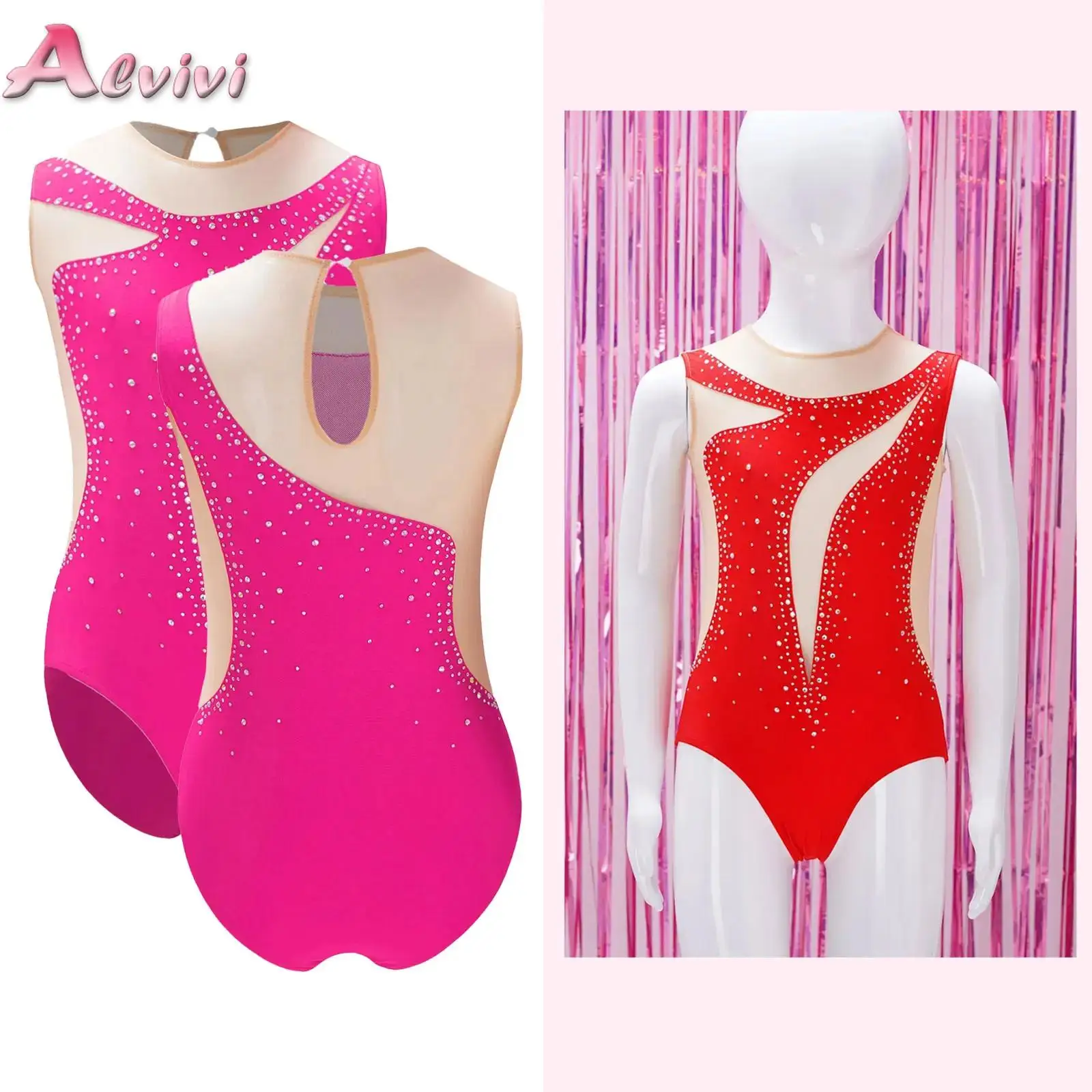 Kids Gymnastics Leotard Ballet Tank Unitard Jersey Girls Mesh Diamonds Workout Bodysuit Figure Skating Performance Clothes