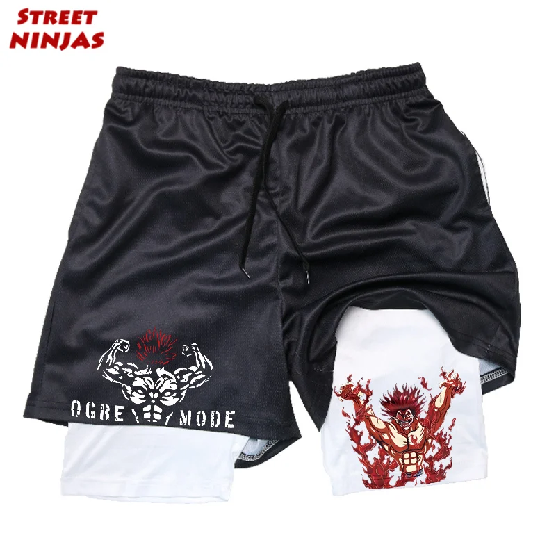 Anime Yujiro Hanma 2 in 1 Compression Shorts for Men Quick Dry Stretchy Athletic Gym Shorts Summer Bodybuilding Fitness Running