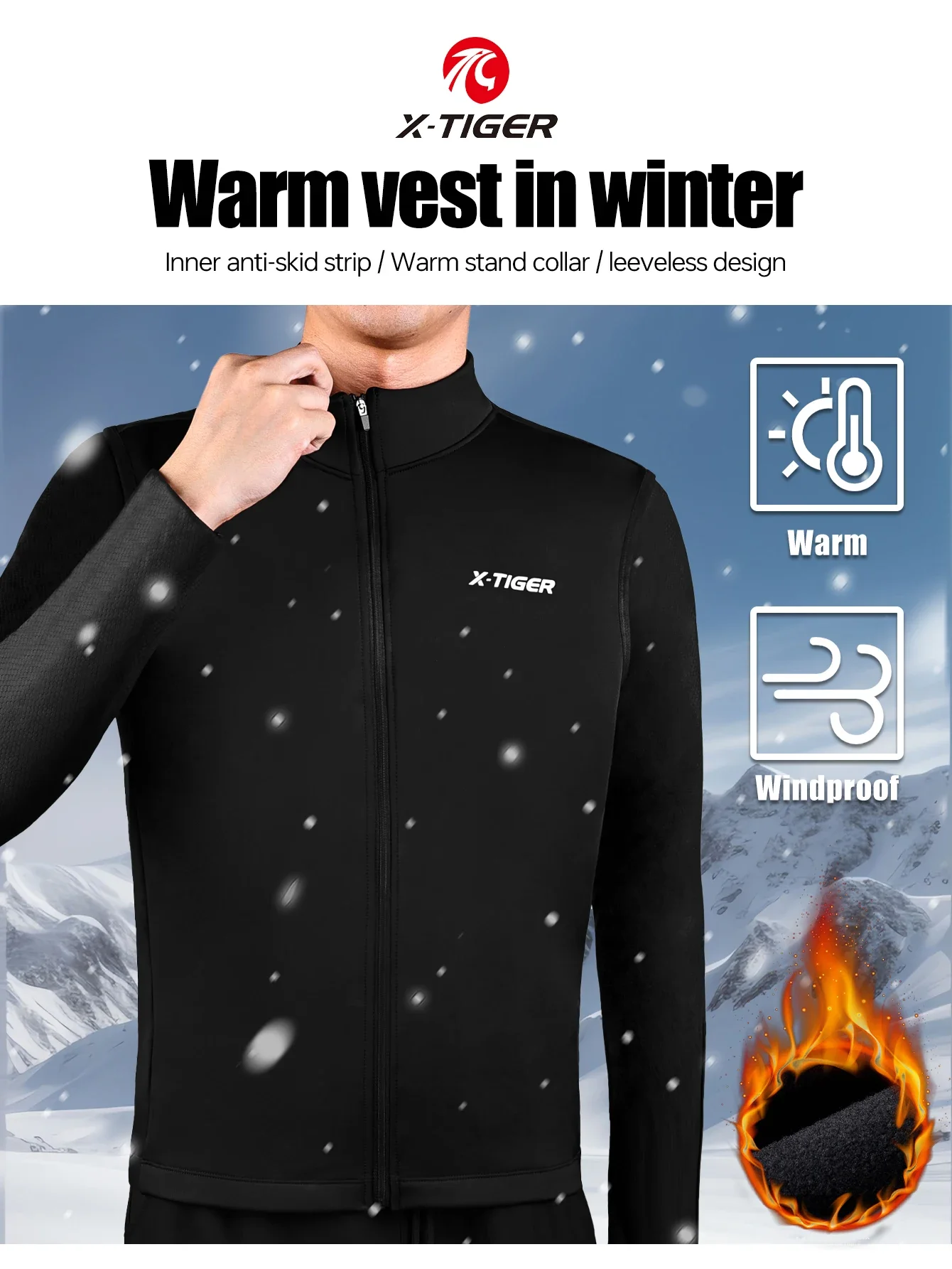 X-TIGER Warme Fahrradweste, winddicht, lockere Fleece-Weste, ärmellos, für Mountainbike, Rennrad, Winter, reflektierende Fahrradweste – Detail 2