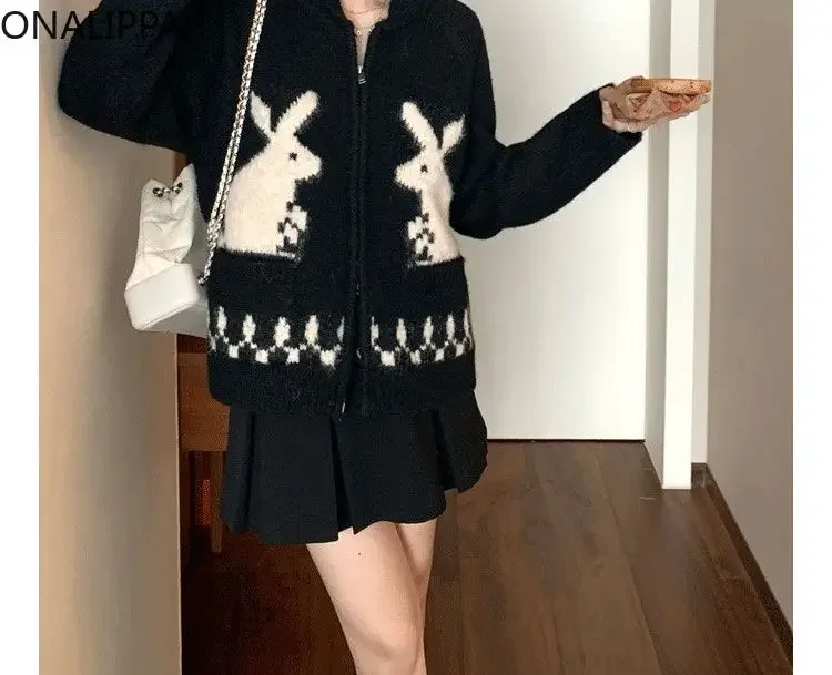 Onalippa Rabbit Jacquard Knitted Cardigan Turn Down Collar Zipper Cardigans Korean Slouchy Style Thick Contrast Sweater Women