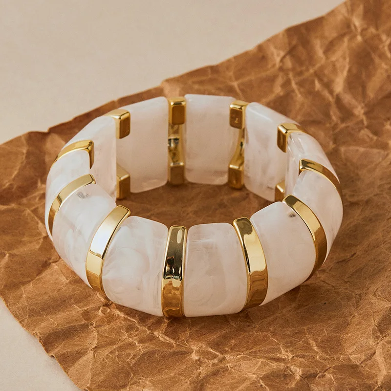 KMVEXO Fashion Candy Color  Acrylic Elastic Thick Wide Bracelet Marble Texture Multicolored Resin Charm Bangle Jewelry for Women