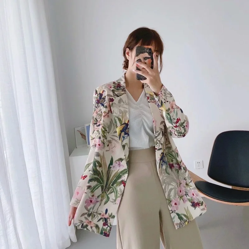 Chaqueta holgada de manga larga con doble botonadura para mujer, Blazer informal con estampado Floral, ropa de calle para oficina, 2023