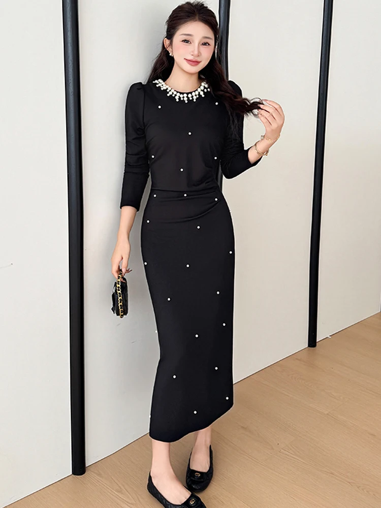 

Luxury Bead Black Slimming Office OL Long Dresses For Women O-Neck Long Sleeve High Waist Bodycon Party Dress Female Fashion