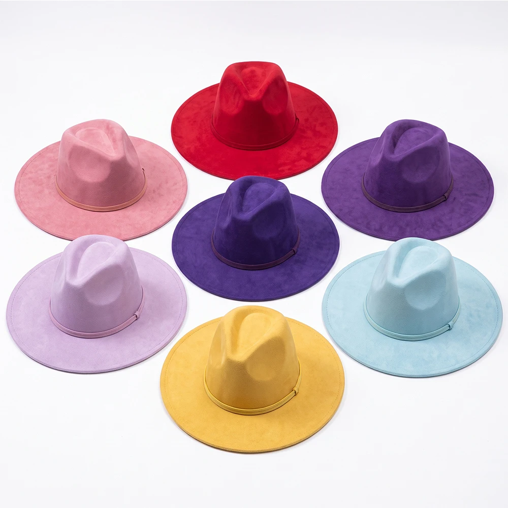 Vegan Suede Wide Brim Fedora Hat Women Solid Color Western Jazz Hat Lightweight Party Photoshoot Sun Hat With Thin Ribbon Band