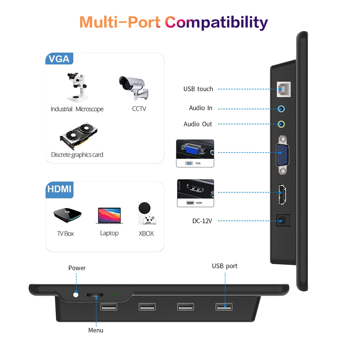 Imagem -06 - Unew-monitor Touchscreen Raspberry pi 13.3 Polegada 1920x1080 Ips Display com Alto-falante Usb Hdmi Tipo-c Dvi Vga Display Portátil