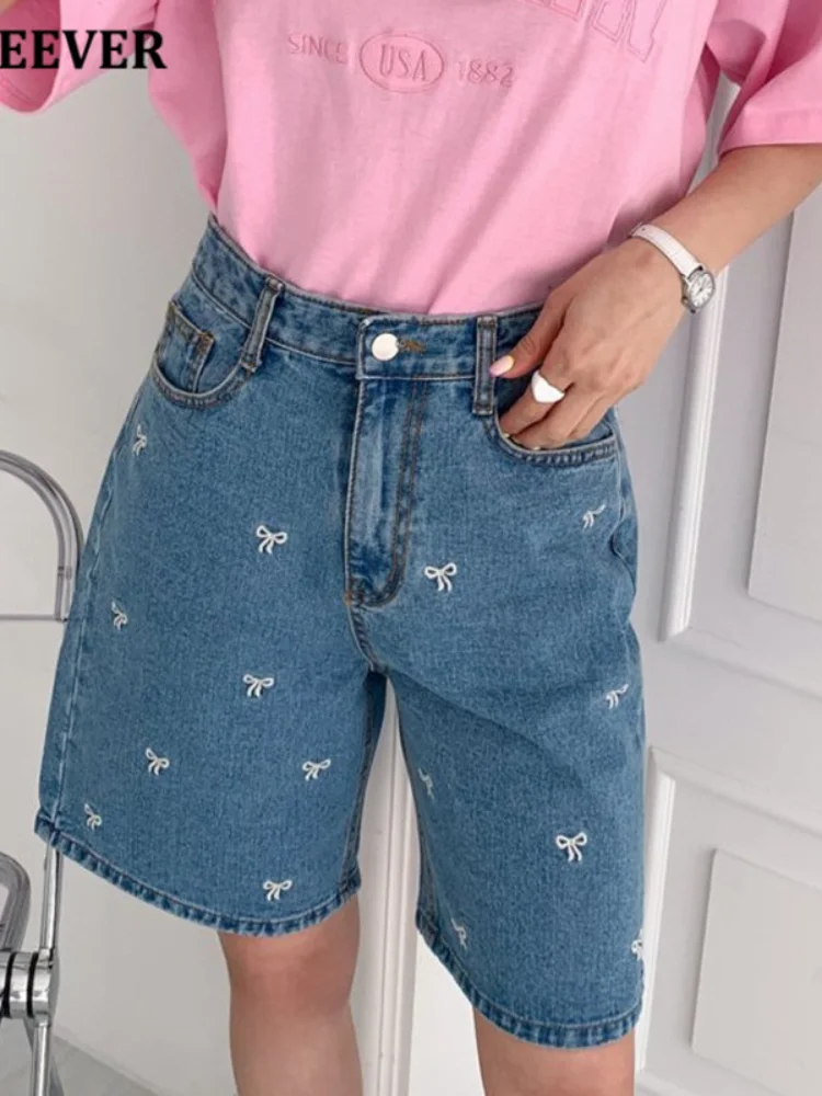 Women fashion loose street style bow embroidered denim shorts summer high waist pocket five quarter denim shorts for women