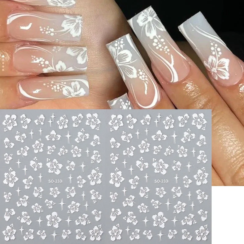 2/6pcs 3D Summer Hibiscus Flower Nail Stickers Set Tropical Blossom Petals Floral Designs Adhesive Sliders Decals Nail Art Decor