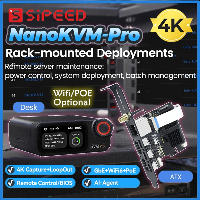 Sipeed NanoKVM-Pro PiKVM IP-KVM 4K GbE PoE WiFi6 Remote Control HomeLab Server NAS AI Agent HDMI Second Screen Led Strip