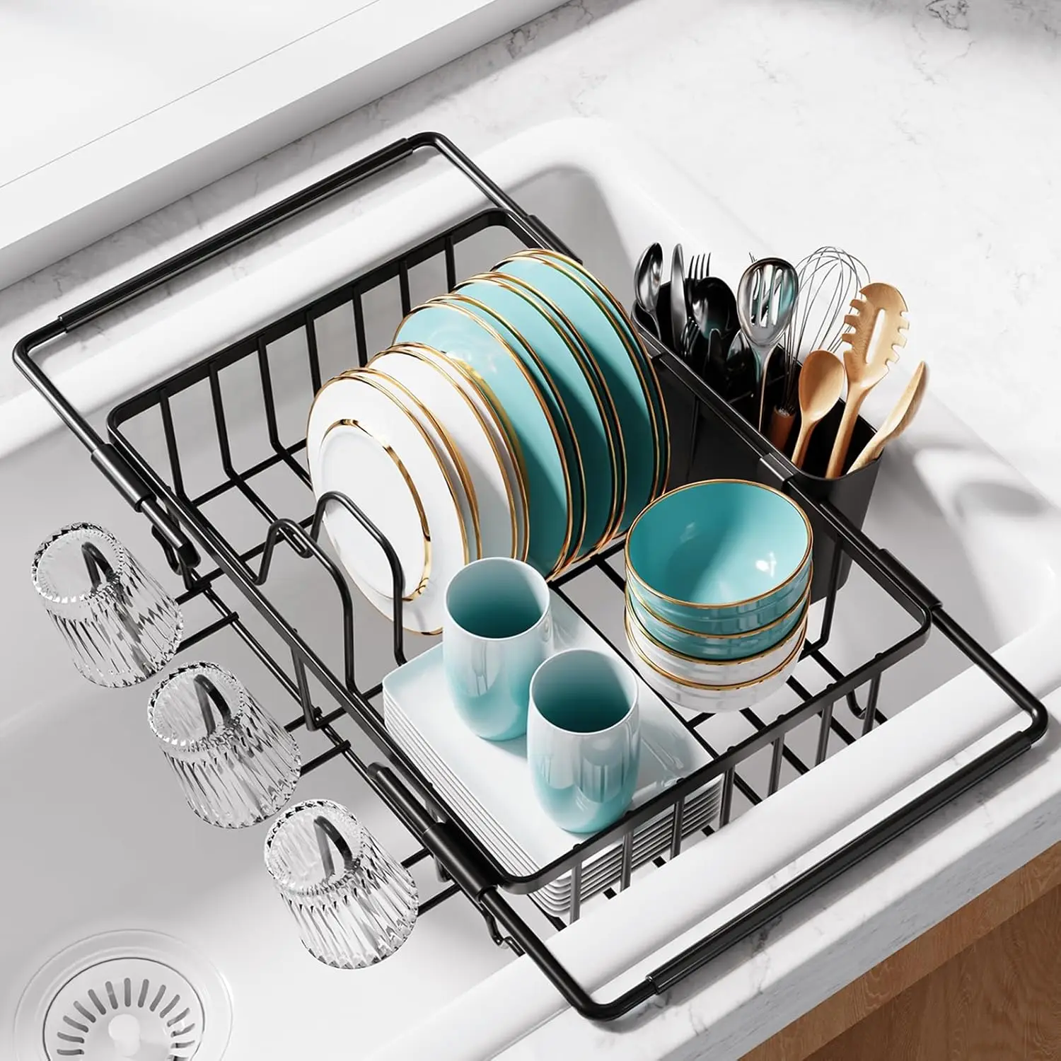 

Expandable Stainless Steel Sink Dish Drying Rack with Cutlery Holder, Cup Holders, Black