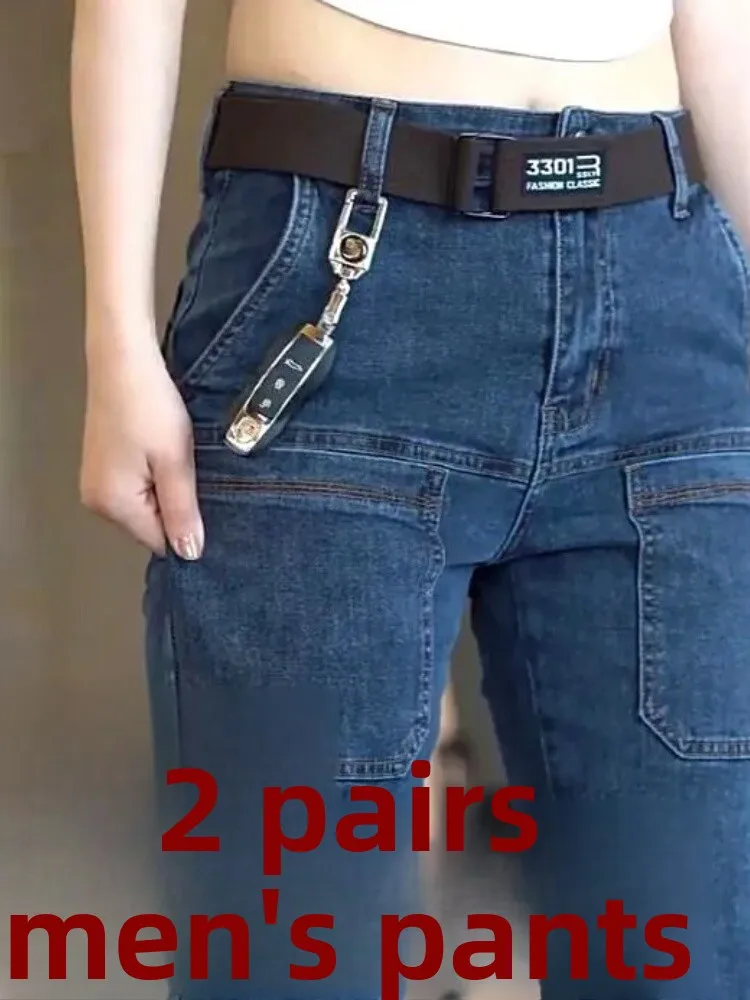 Elastic Casual Workwear Jeans Men's Trendy Brand Popular Six Pocket Straight Leg Work Trousers Wear Resistant Long Pants for Men