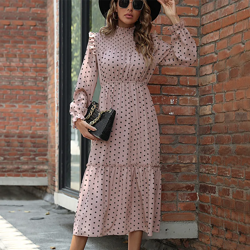 New Style Valentine Day Women's Half-high Collar Polka Dot Splicing Cake Dress