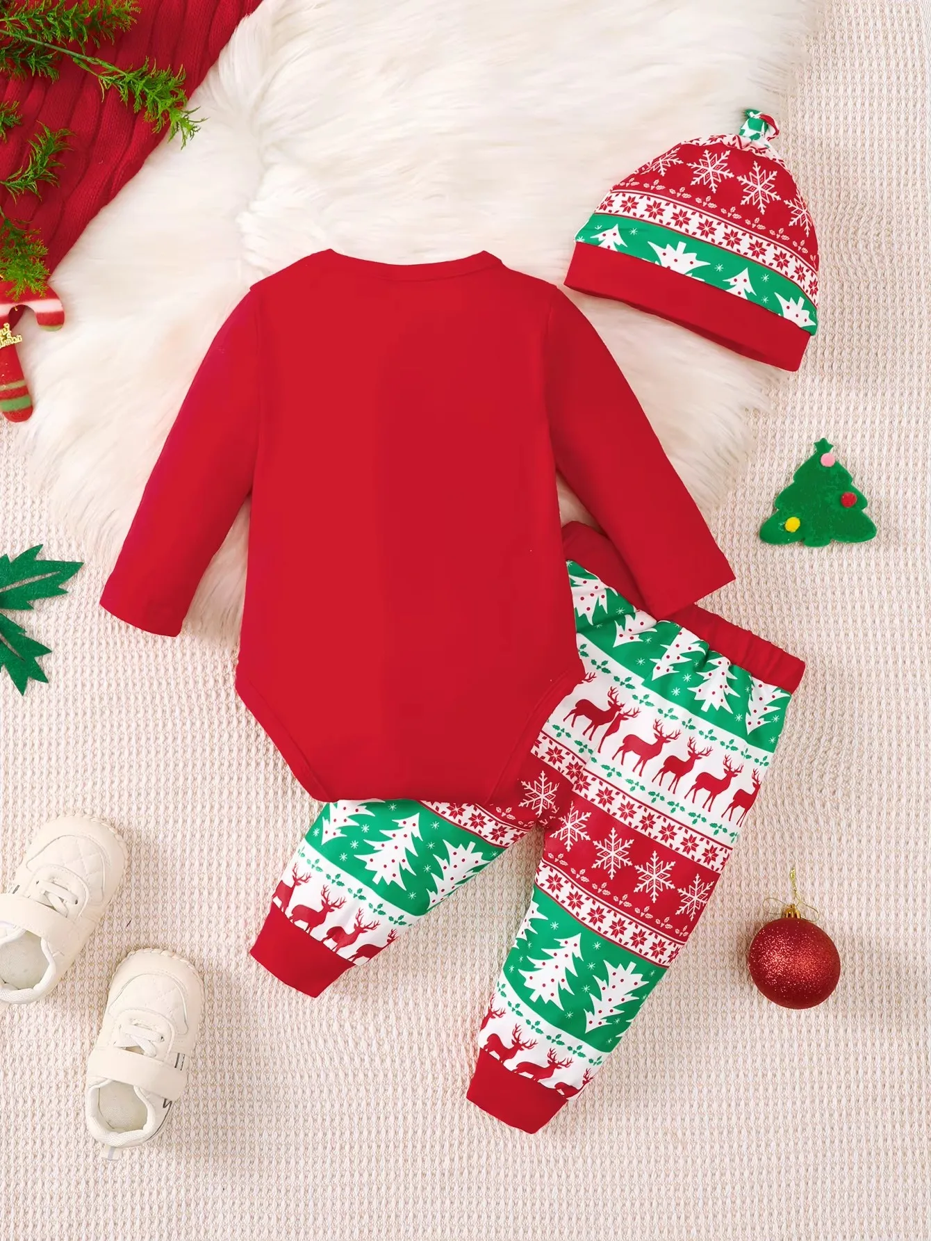 Baby Boy The First Christmas Outfits Cute Print Long Sleeve Top+Pants+Hat 3PCS Clothes Set for 1-18 Months Infant Holiday Suit
