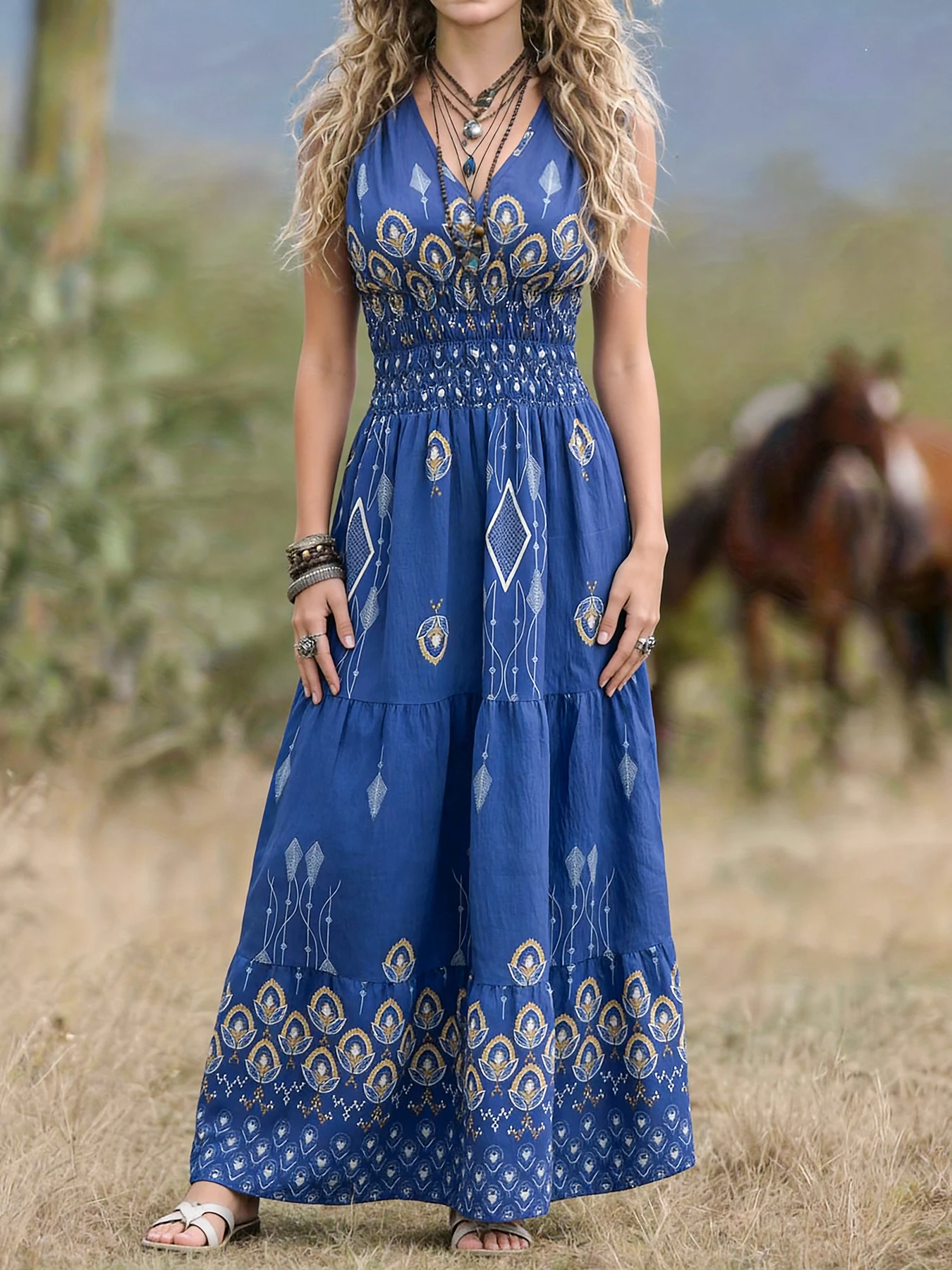 Women's Tribal Aztec Border Print Sleeveless Shoulder Button V Neck Elastic Waist Flowy Tiered Dress