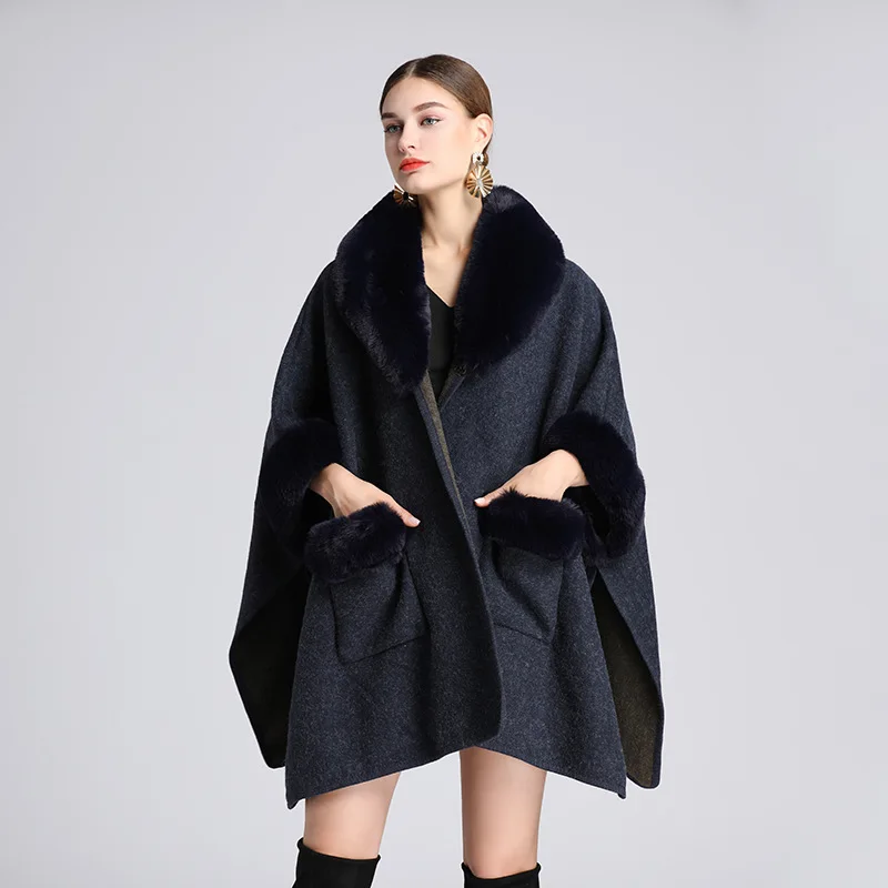 

8 Color 2023 Winter Thick Warm Turn-down Faux Rabbit Fur Neck Poncho Cape Women Bat Sleeved Cloak Big Pendulum Loose Coat