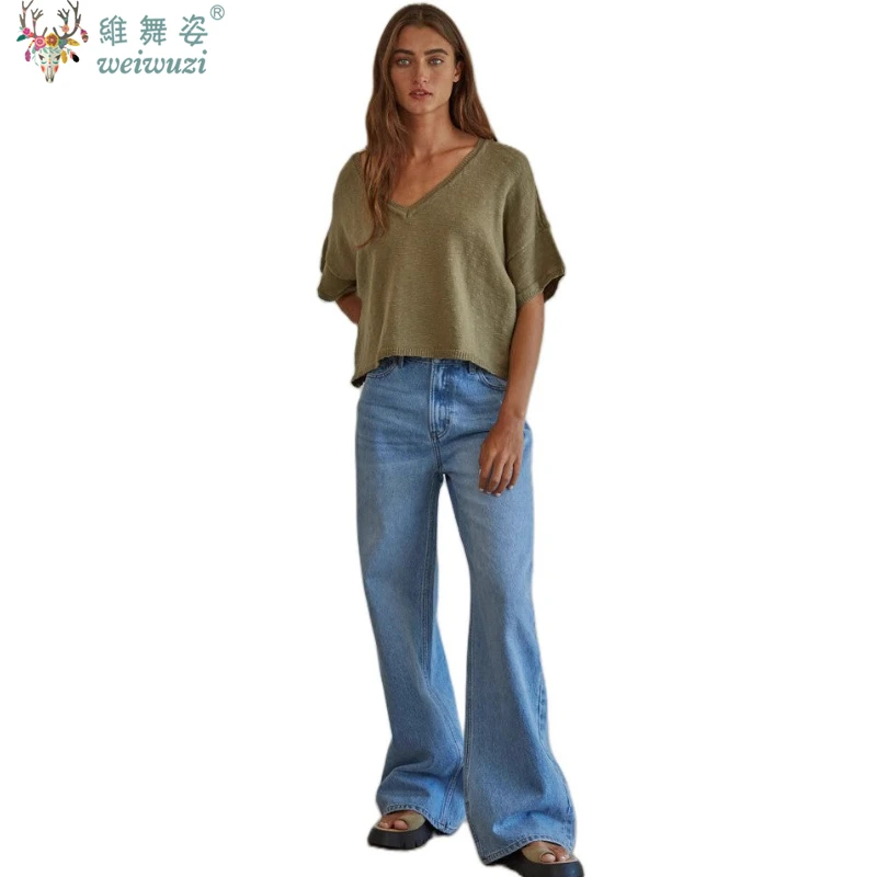 Celana Jeans Wanita Celana Denim Biru Pinggang Tinggi dengan Saku Fashion Kasual Celana Panjang Lebar Musim Gugur Streetwear Korea Baru