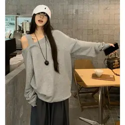 Skew Collar Sweatshirts Female Off Shoulder Top Tee 2024 New Casual Loose All-match Mid Length Top Autumn Simplicity T-Shirts