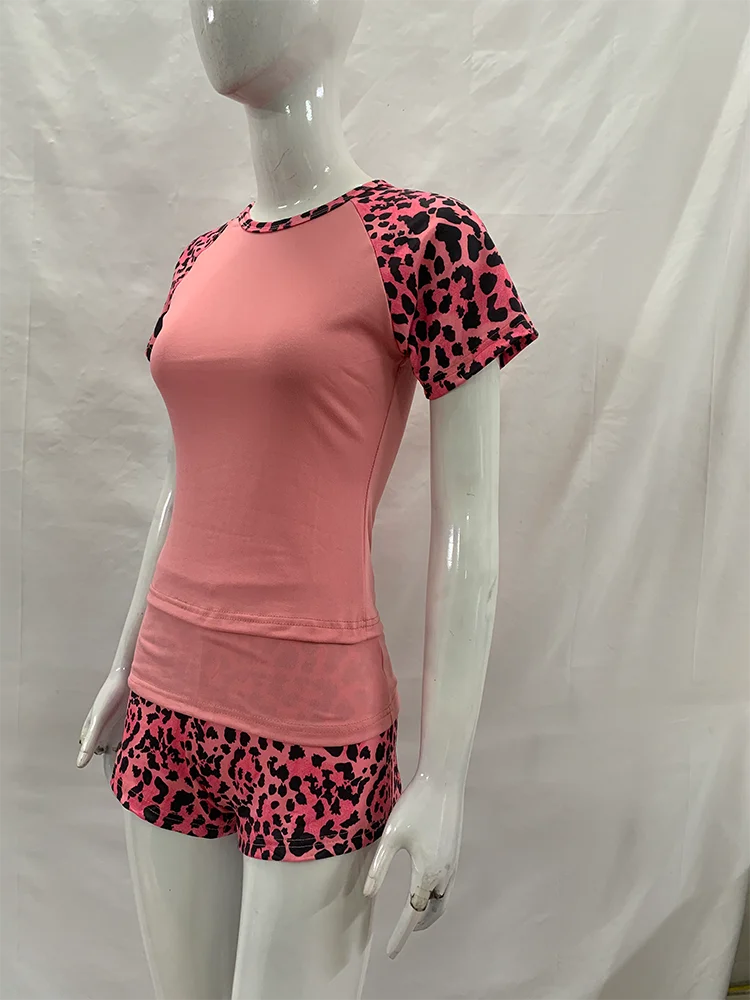 Damen 2-teiliges Shorts-Set mit Leopardenmuster, Raglanärmeln, Rundhalsausschnitt, schmaler Passform, Sommer-Loungewear, Schlafanzug, Freizeitkleidung für den Alltag, Homewear – Detail 9