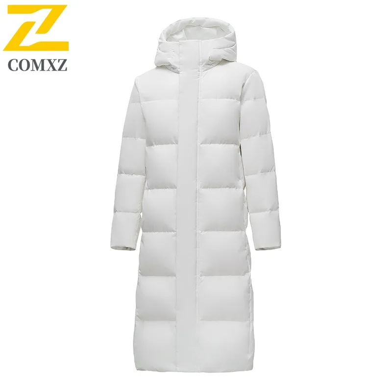 COMXZ 2025 Unisex Down Jacket Solid Color Hooded Hiking Travel Warm Long Coat High Quality White Duck Down Winter Filler Down