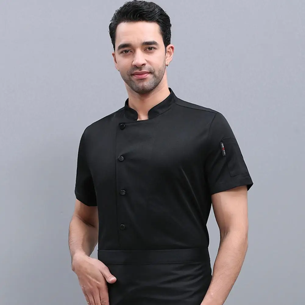 Mensa cameriere Top camicia da cuoco Unisex resistente alle macchie con colletto alla coreana per cucina panetteria ristorante manica corta per camerieri