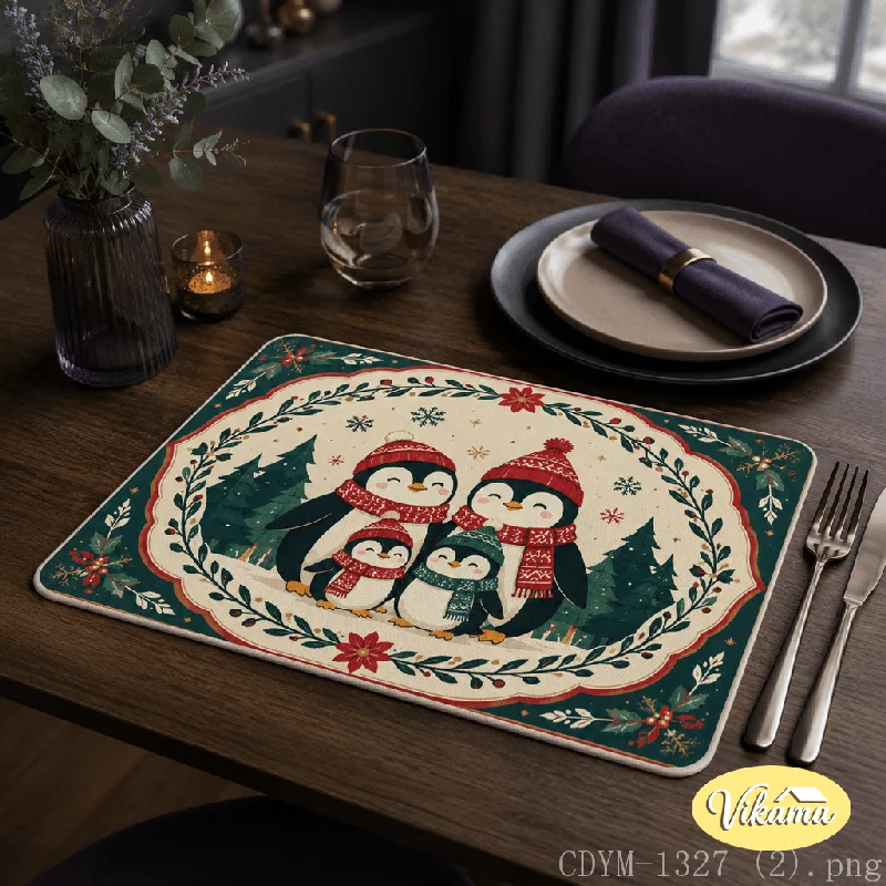 VIKAMA Christmas Placemat Penguin Family Holiday Print, Waterproof Oil-Proof Heat-Resistant Festive Table Mat for Home
