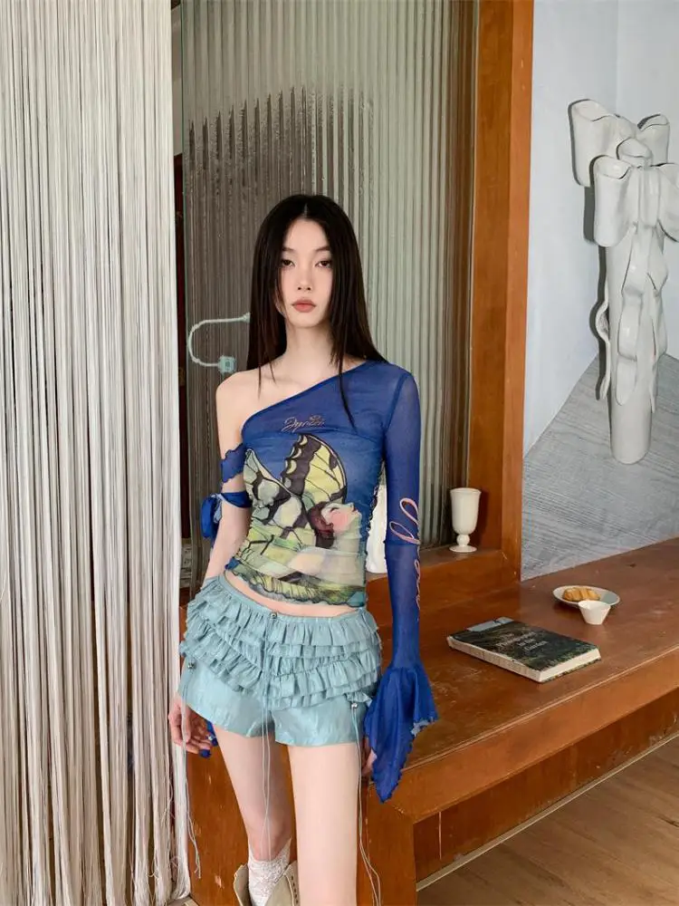 Yedinas Grunge Aesthetics Irregular Mesh Tops Summer 2024 Blue Print T Shirt Women Clothes Hotsweet Slim One Shoulder Y2k Tees