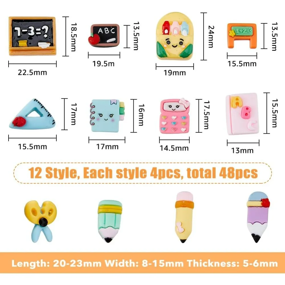 48 ชิ้น 12 รูปแบบเครื่องเขียนเรซิ่น Charm Back to School Flatback Charms อุปกรณ์โรงเรียน Theme Charms ดินสอโน้ตบุ๊ค Cabochons