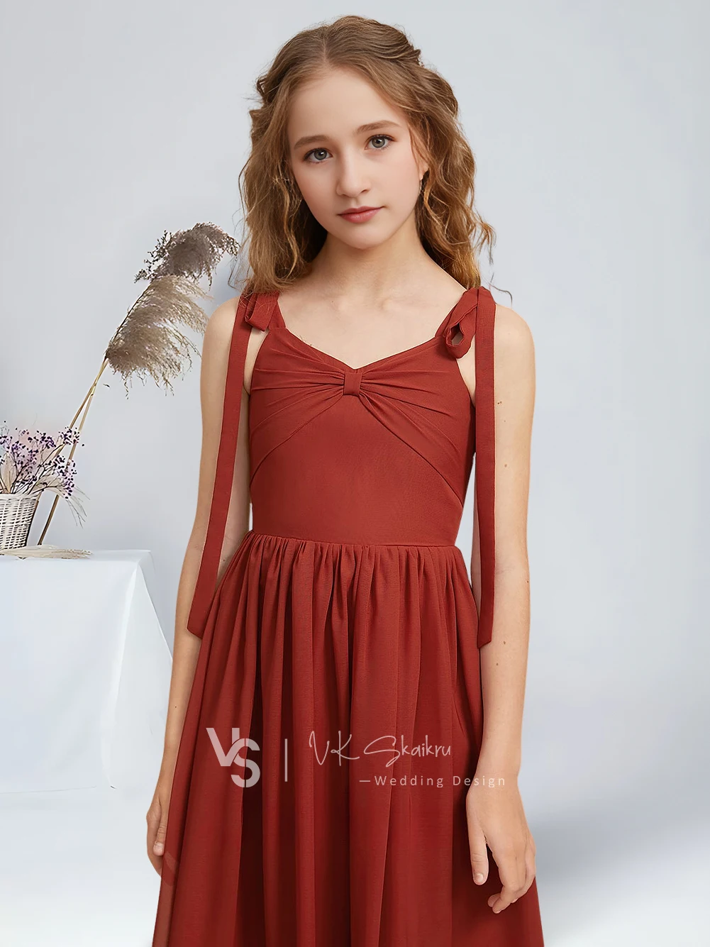 

FA Kids A-Line V-Neck Floor-Length Chiffon Junior Bridesmaid Dresses Vermilion Child Flower Girl Dresses Party Wedding Kids