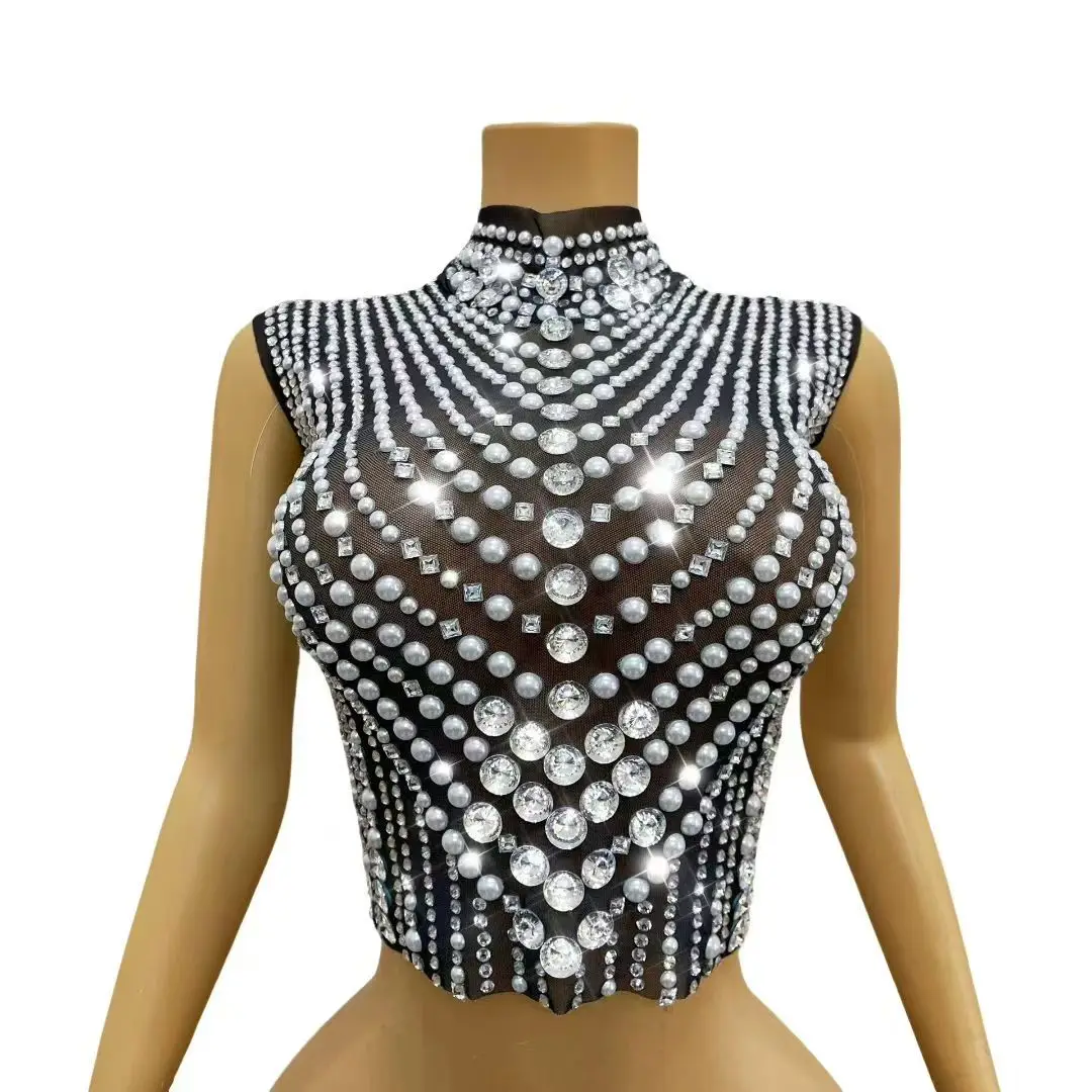 Women Black Mesh Pearl Crystal Tank Top Sexy See Through High Neck Beaded Tops Sheer Birthday Party Wear Nightclub Stage Costume