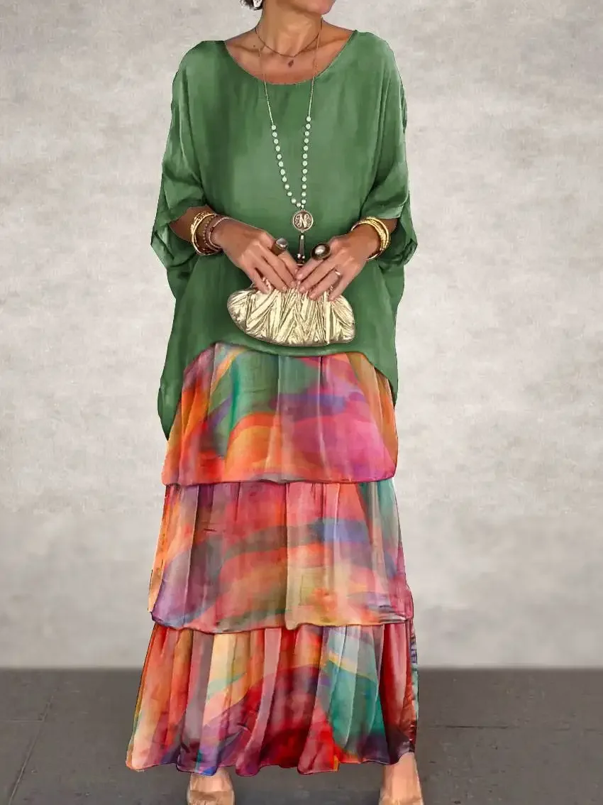 Abito lungo Boho in Chiffon con stampa floreale elegante femminile primavera girocollo donna Pullover abito mezza manica a pipistrello gonna torta vestito