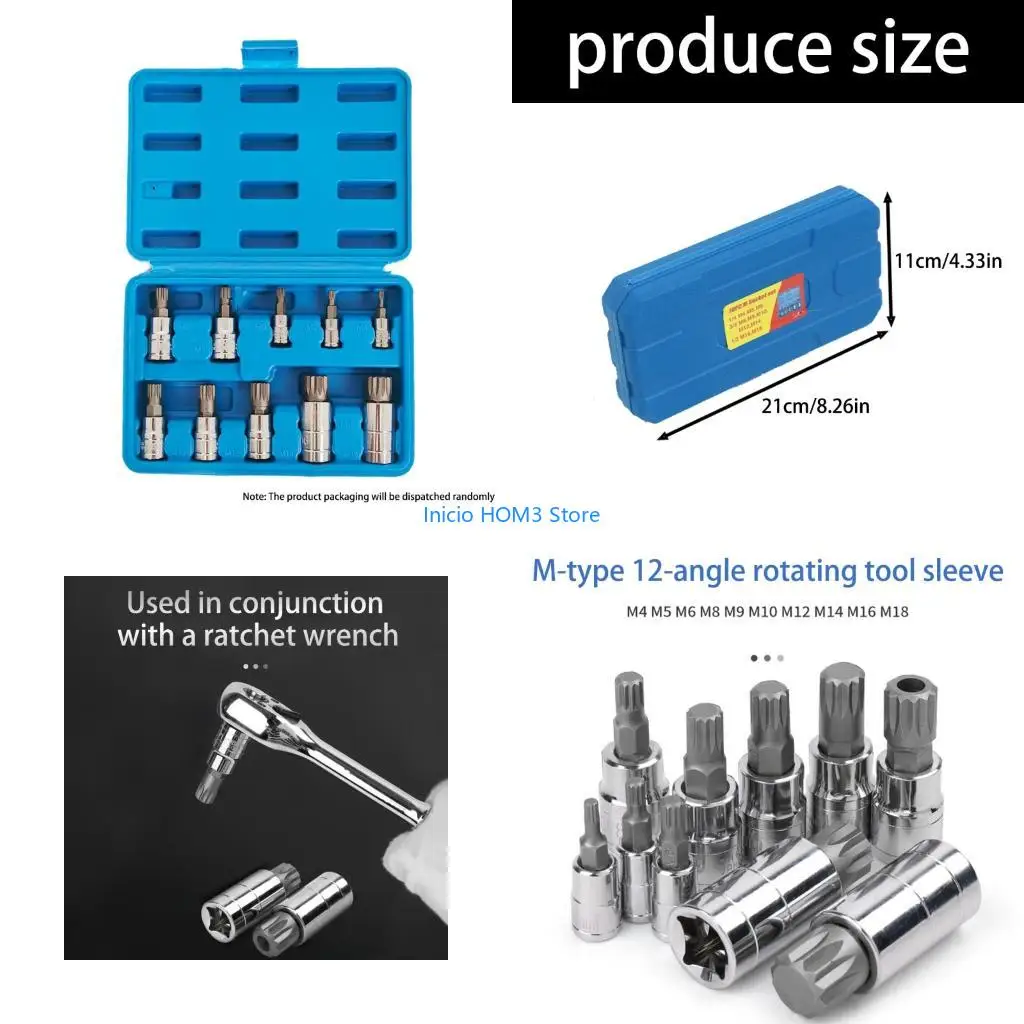 A5YD Triple Square Spline Bit Socket Set 12 Point Tamper Proof 1/2 1/4 and 3/8Inch Drive,10Pieces Automotive Tool