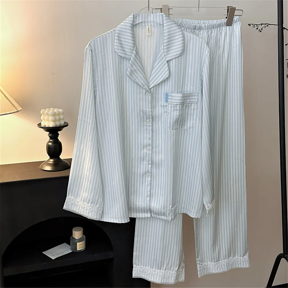 

Spring Women's Pajamas Set Sleepwear Print Stripe Long Sleeve Pijamas Suit Loose Casual Satin Trouser Homewear