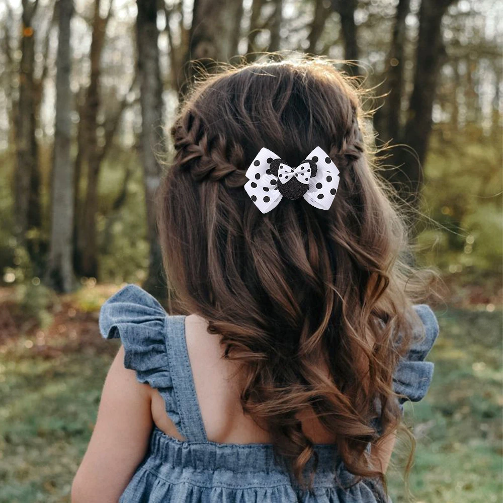 2/4 Stück niedliche Haarspangen mit Schleifen für Kinder, im Boutique-Stil, mit Cartoon-Motiven, klassisches gewebtes Band, Polka-Dot-Muster, Kinder-Haarspange, 2 Größen. – Detail 2