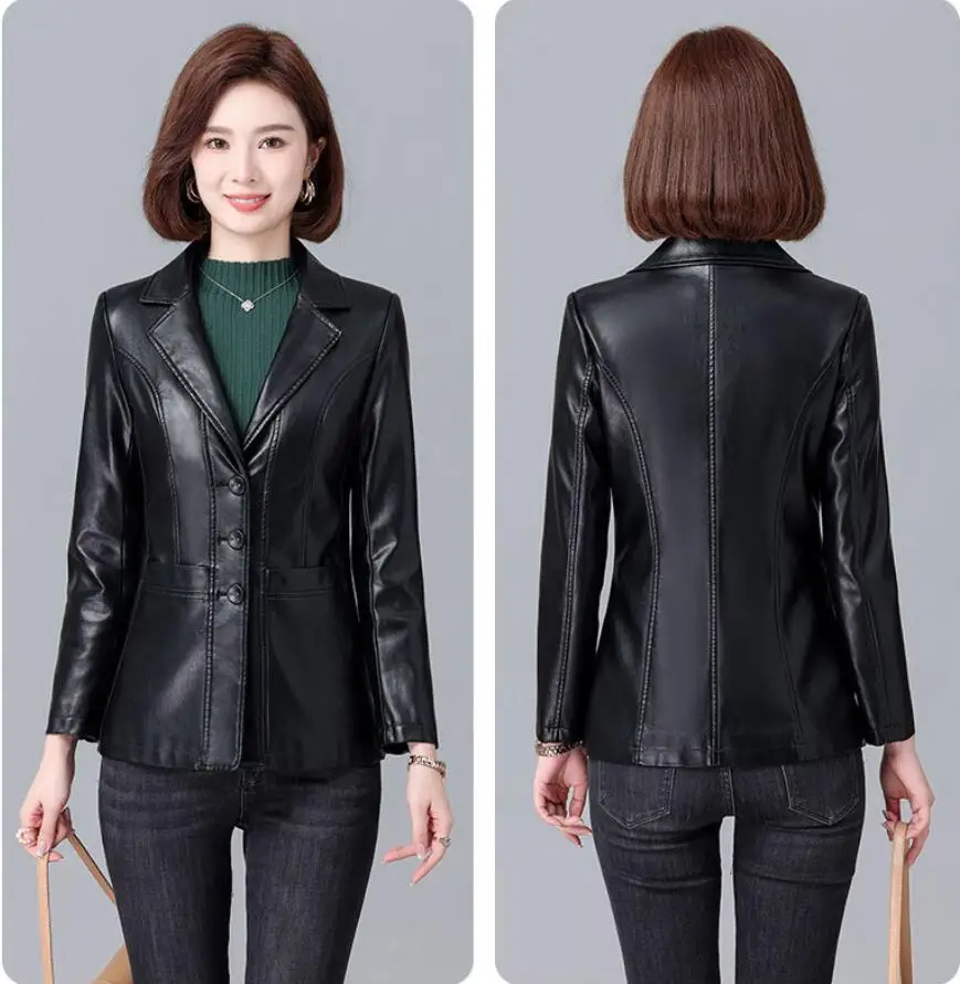 

Новый женский блейзер из искусственной кожи, весенне-осенний модный костюмный пиджак с воротником, однобортный, приталенный, кожаный жакет с длинными рукавами