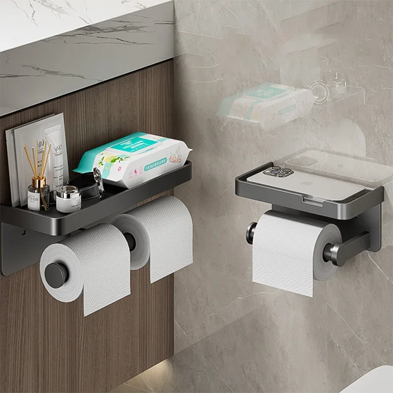 

Toilet Paper Holder Wall-Mounted Double layer Paper Roll Holder With Storage Tray Organizer Phone Stand Bathroom Accessories