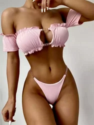 Sexy Solid Bikinis 2024 Women Off Shoulder Hollow Out Thong Swimsuit Brazilian Bathing Suit Ruffle Push UP Swimwear Biquini Swim