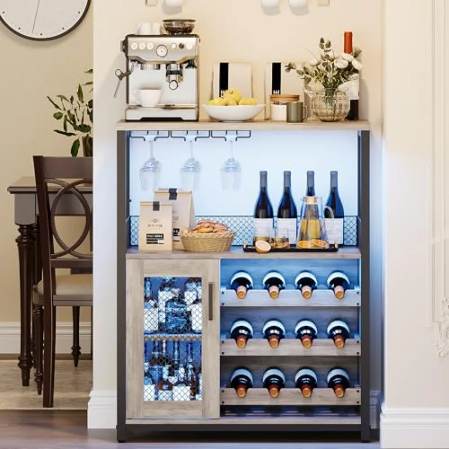Wine Bar Cabinet with Detachable Wine Rack, Coffee Bar Cabinet with Glass Holders, Adjustable Shelves, and Mesh Door for Kitche